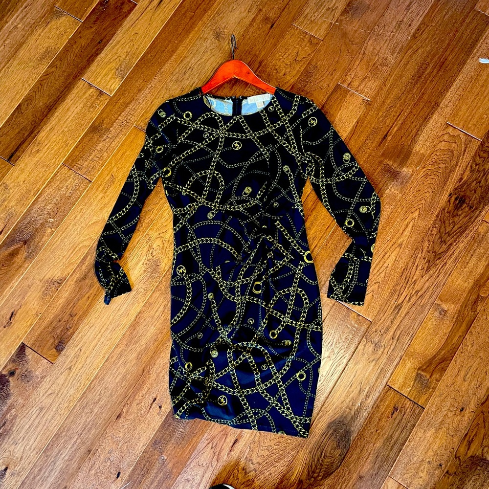 MICHAEL Micheal Kors elegant long sleeve gold chains pull over dress